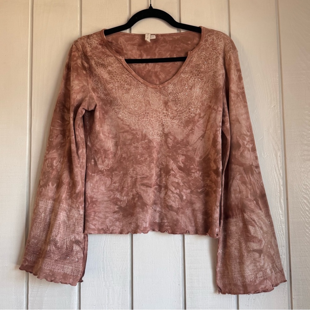 Y2k Tan Tie Dye Flare Sleeve Blouse
